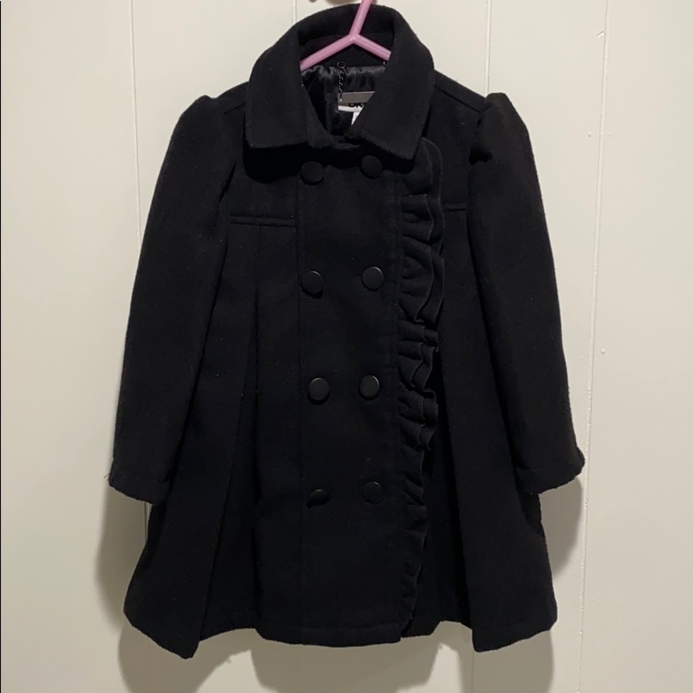 DKNY black pea coat with ruffle